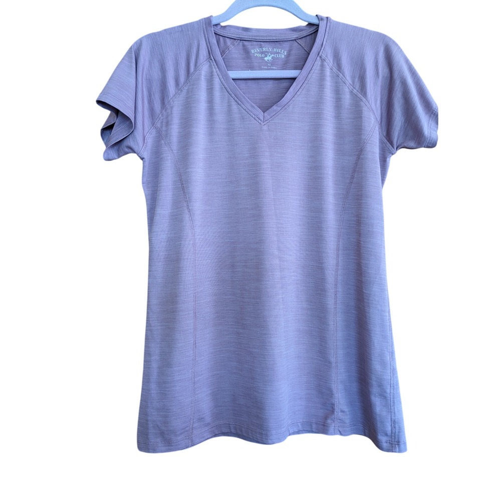 Beverly Hills Polo Club Womens V-Neck Activewear Top Purple Heathered Medium